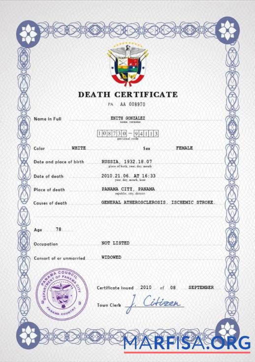 Downloadable Panama vital record death certificate PSD template